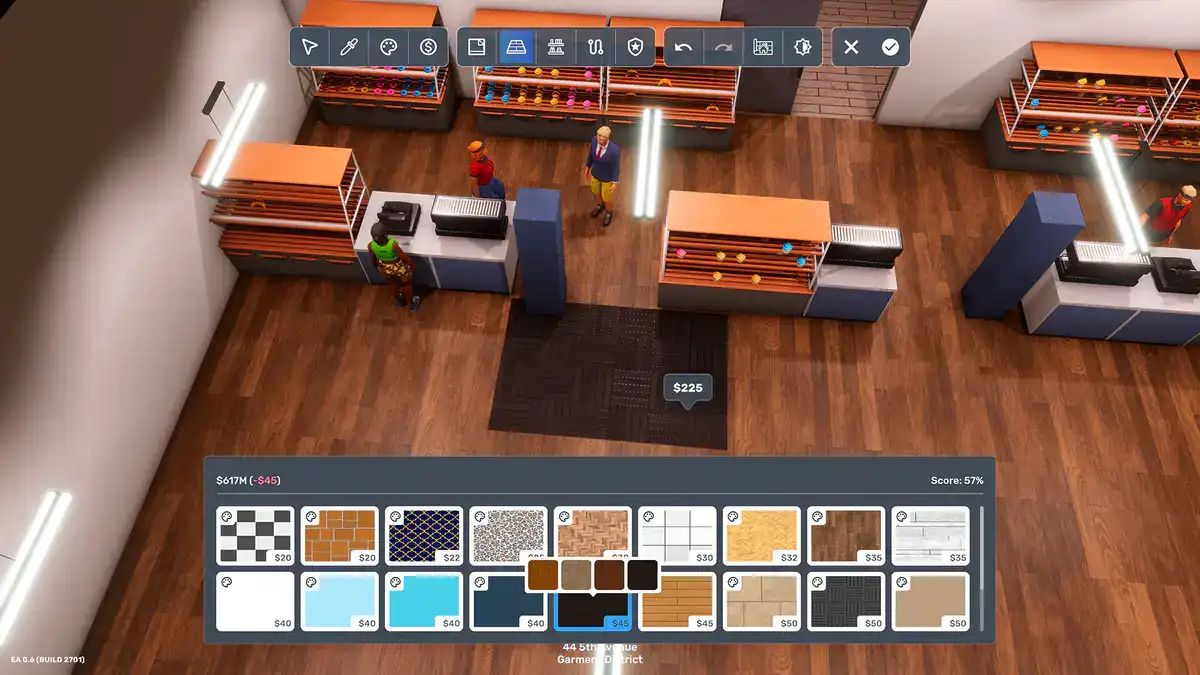 Big Ambitions store layout editor placing floors and retail fixtures
