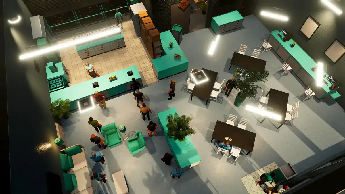 Big Ambitions office with employees working at desks and service areas