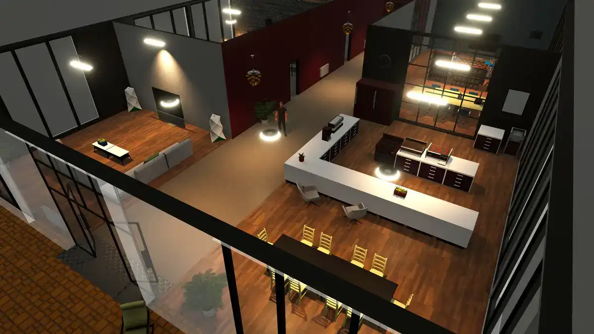 Big Ambitions executive headquarters office with desks and meeting space