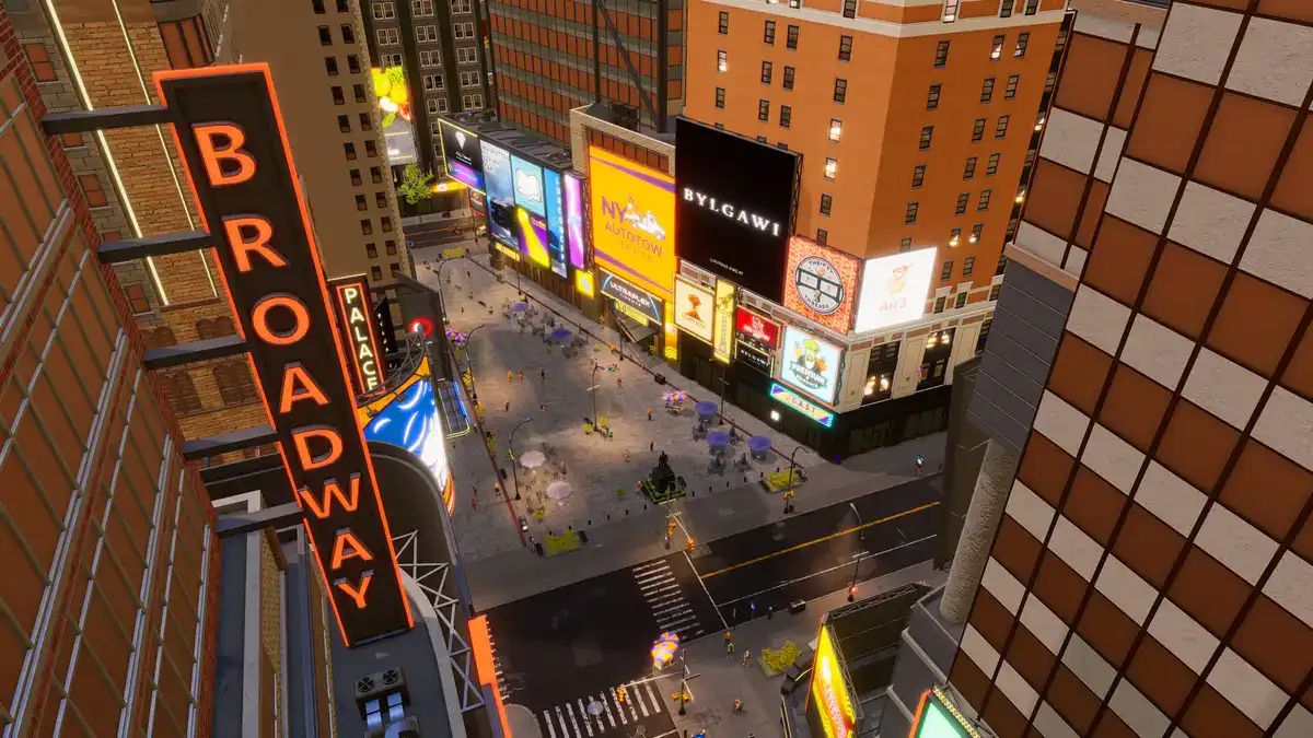 Busy Broadway district at night in Big Ambitions