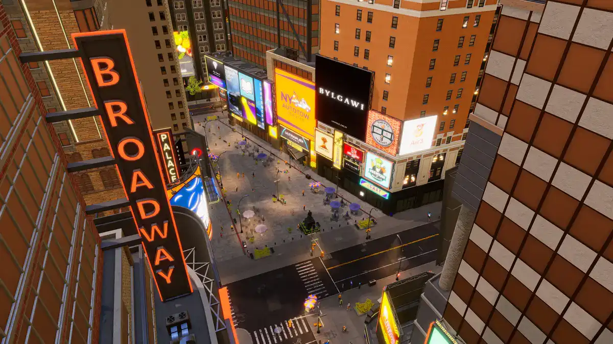 A busy commercial district at night in Big Ambitions