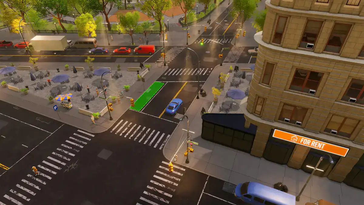 Busy New York intersection and storefronts in Big Ambitions