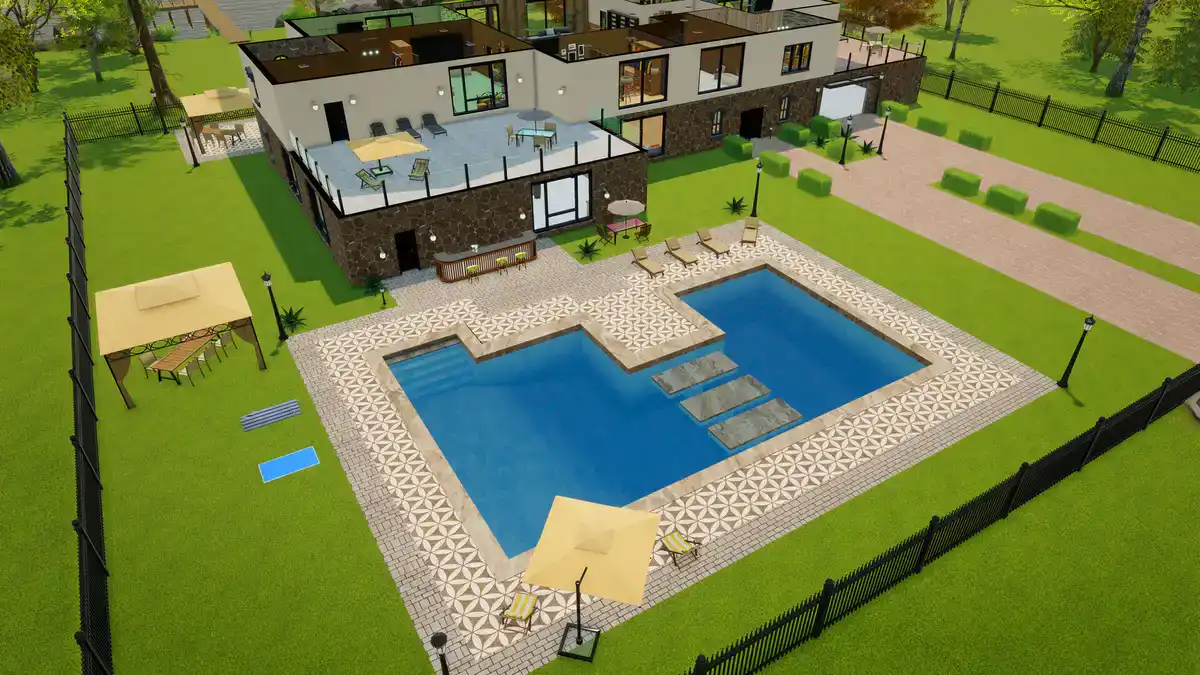 Large Big Ambitions home and pool showing lifestyle progression