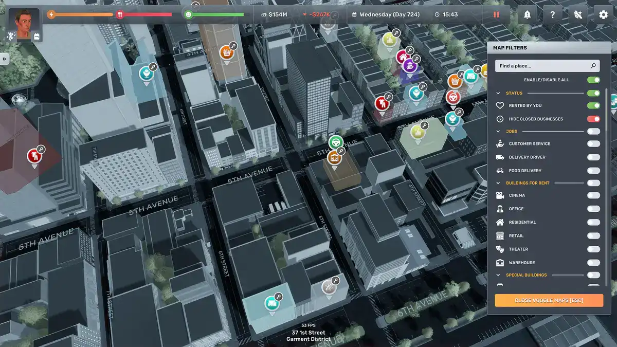 Big Ambitions city map and BizMan building information panel